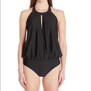 NWT Athena One Piece Halter Top Swimsuit Bathing Suit Black 18W NEW